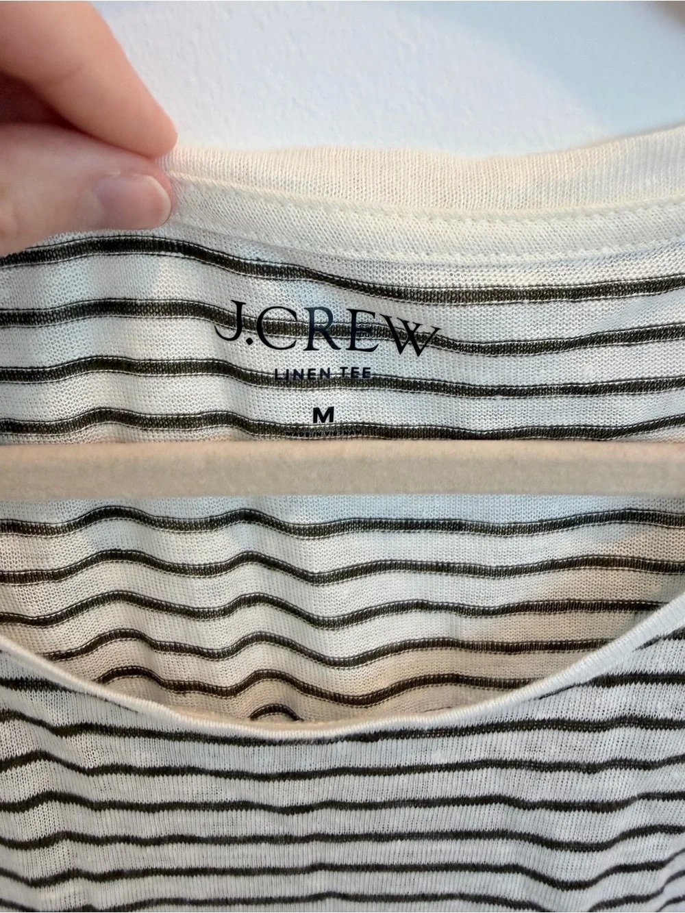 J. Crew Linen Striped Short Sleeve Tee in White & Olive Green, Size Medium